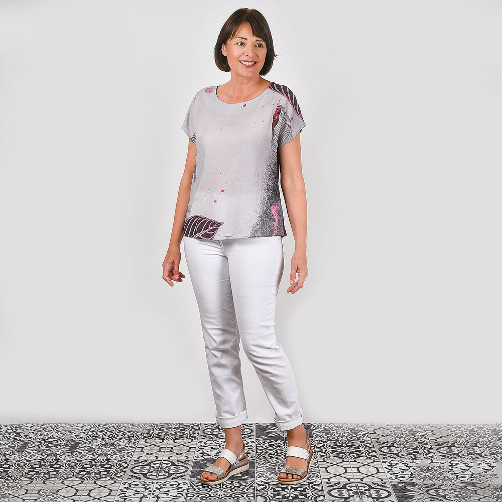JOVIE Leaf Pattern Low Sleeve Blouse (Size XL-XXL - 14-16) - Burgundy - Light Grey