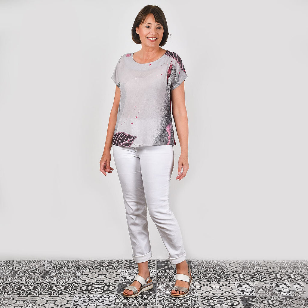 JOVIE Leaf Pattern Low Sleeve Blouse (Size XL-XXL - 14-16) - Burgundy - Light Grey
