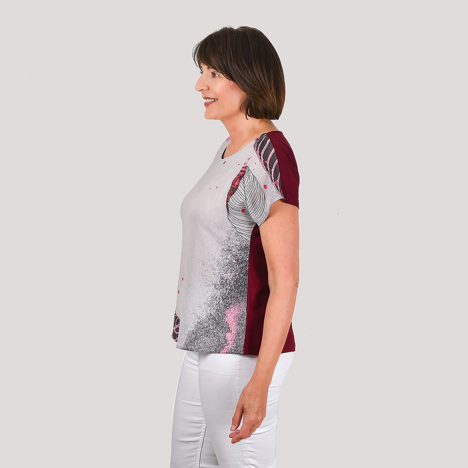 JOVIE Leaf Pattern Low Sleeve Blouse (Size XL-XXL - 14-16) - Burgundy - Light Grey