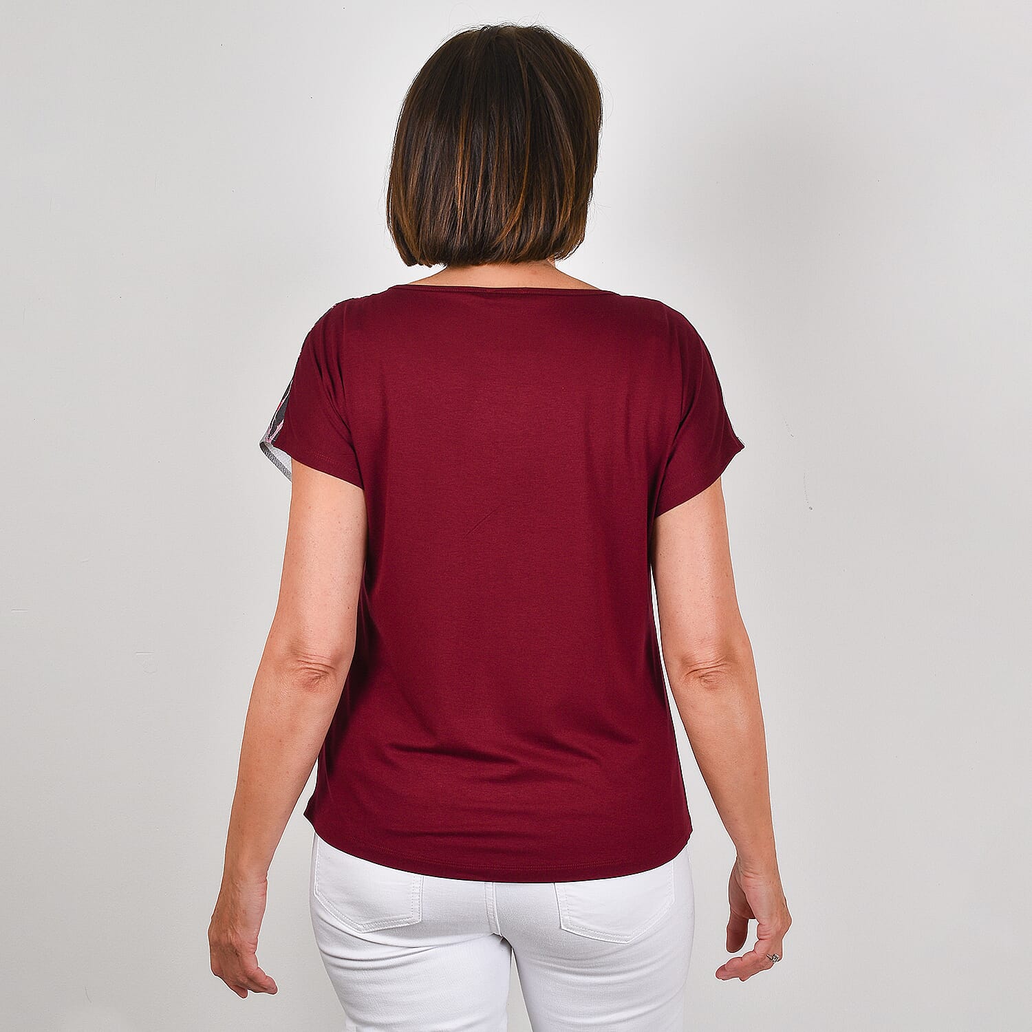 JOVIE Leaf Pattern Low Sleeve Blouse (Size XL-XXL - 14-16) - Burgundy - Light Grey