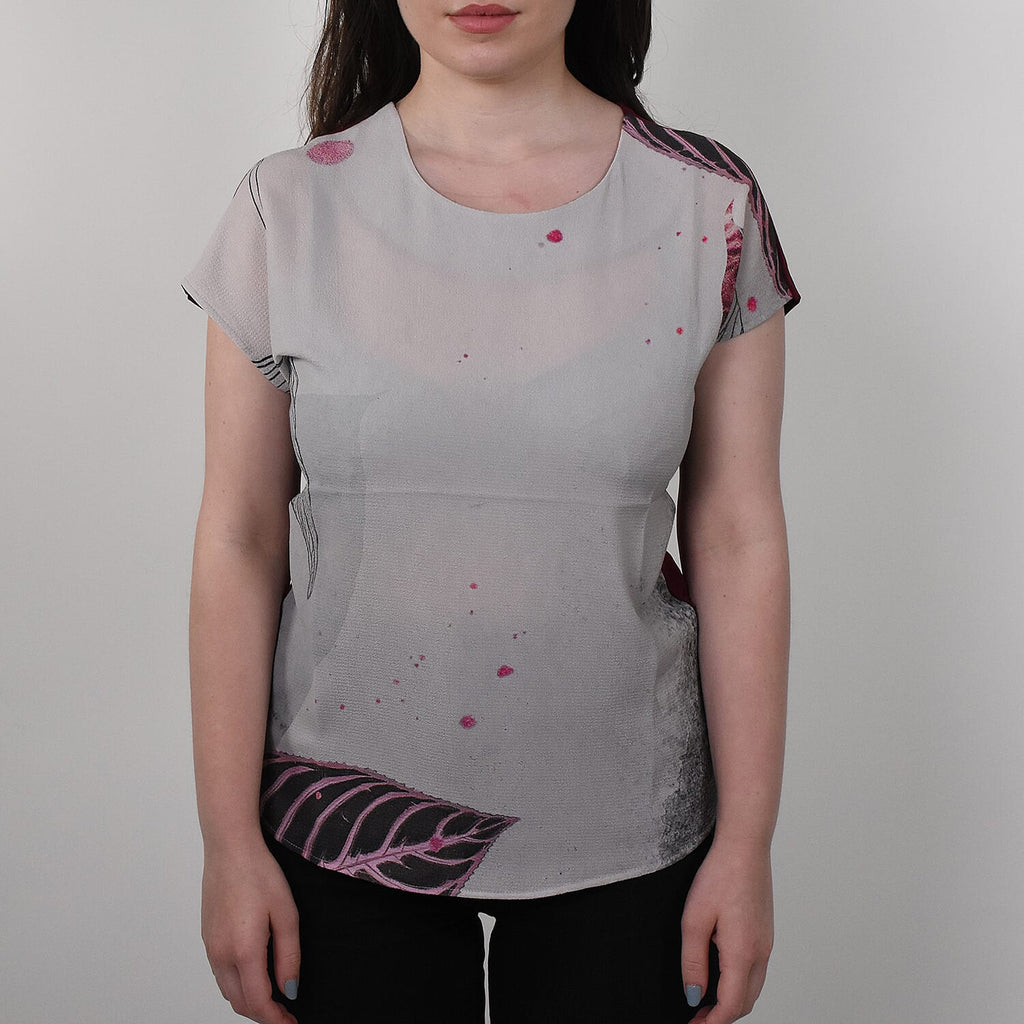 JOVIE Leaf Pattern Low Sleeve Blouse (Size XL-XXL - 14-16) - Burgundy - Light Grey