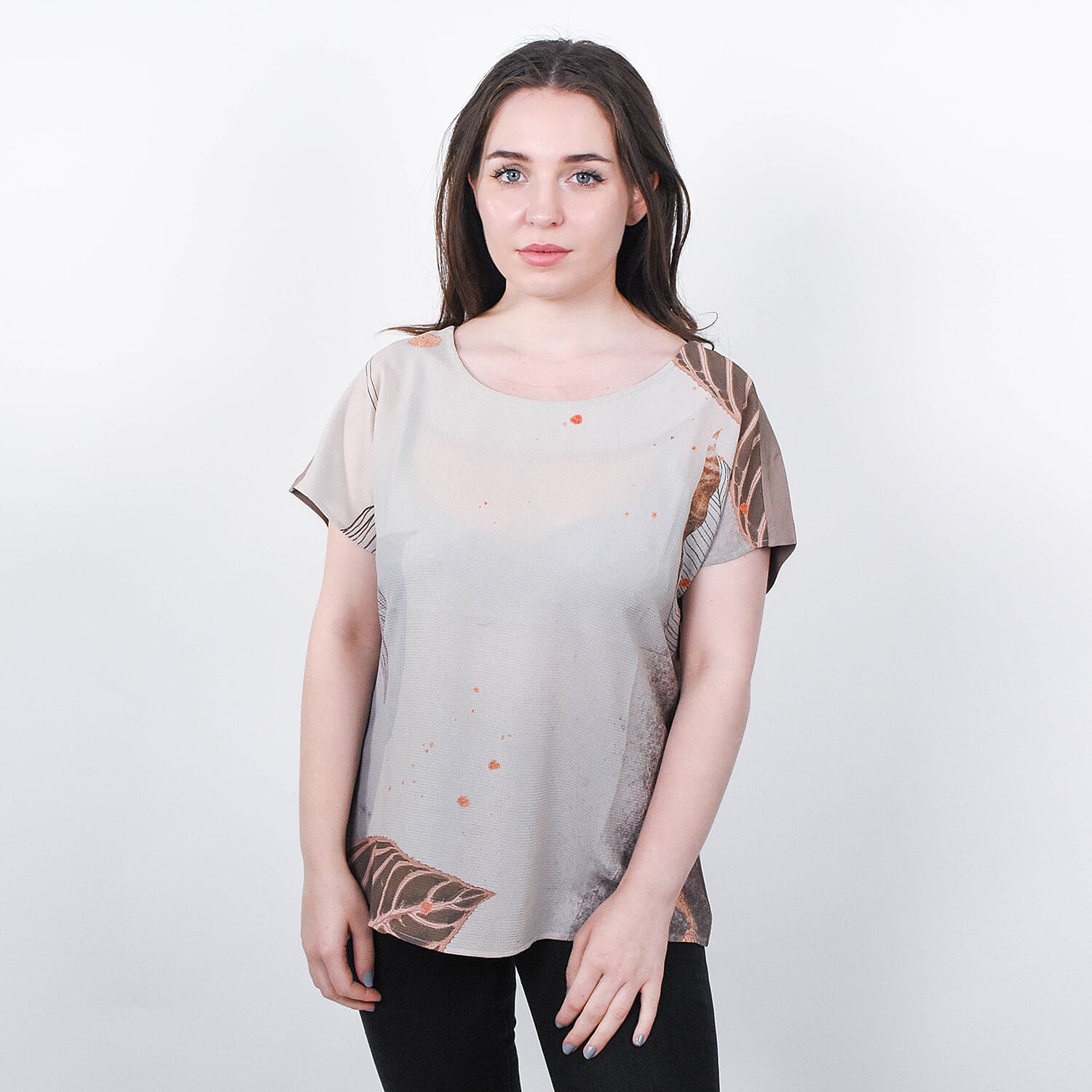 JOVIE Leaf Pattern Low Sleeves Blouse (Size M-L - 10-12) - Mocha & Multi