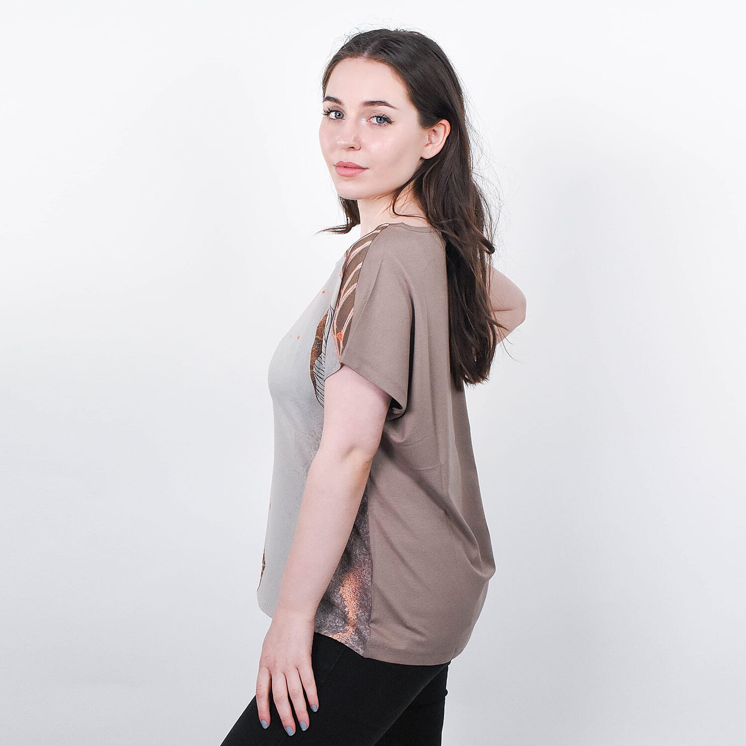JOVIE Leaf Pattern Low Sleeves Blouse (Size XL-XXL -14-16) - Mocha & Multi