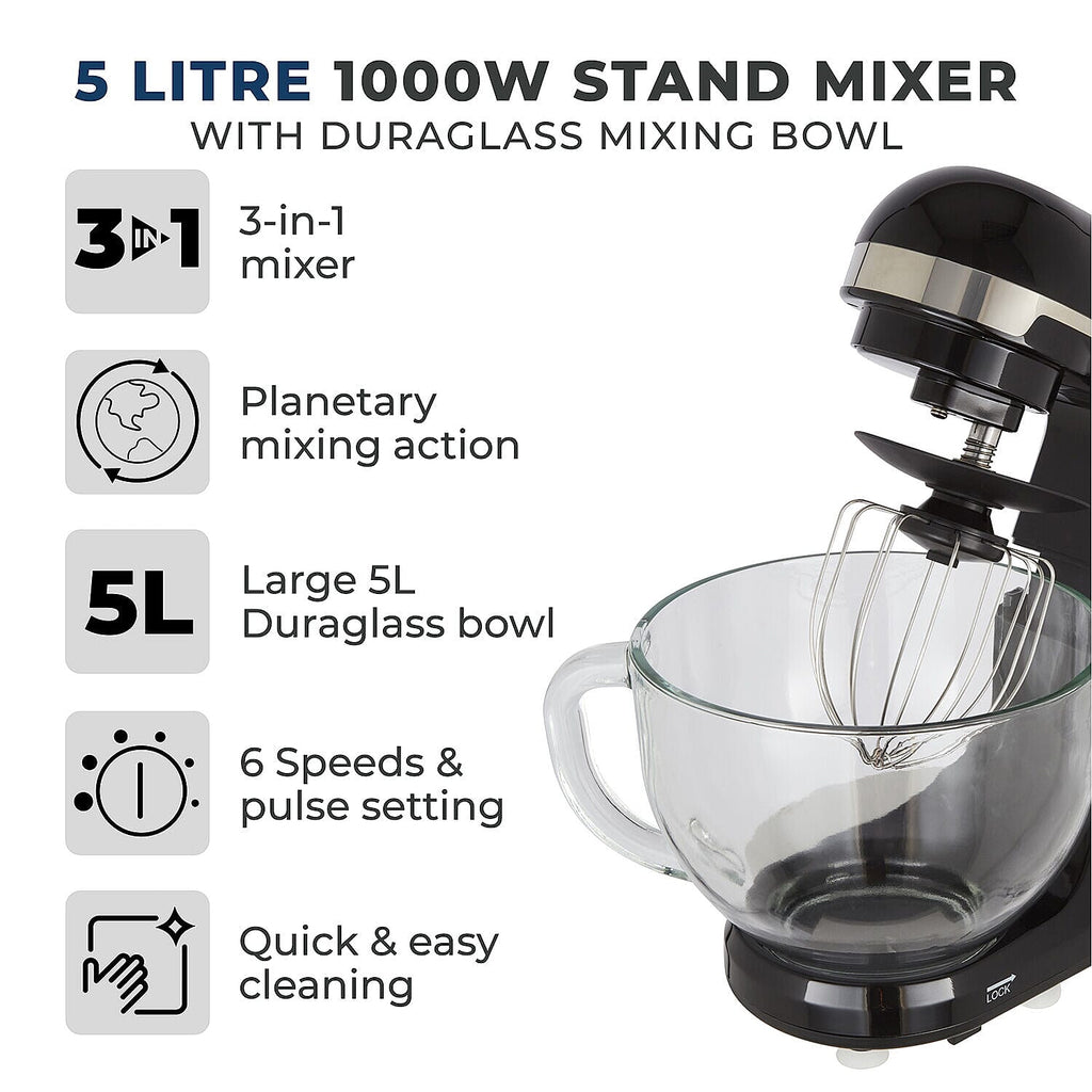 TOWER 3 in 1 Stand Mixer, 5 Litre Glass Bowl with 6 Speeds and Pulse Setting - 1000W