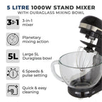 TOWER 3 in 1 Stand Mixer, 5 Litre Glass Bowl with 6 Speeds and Pulse Setting - 1000W