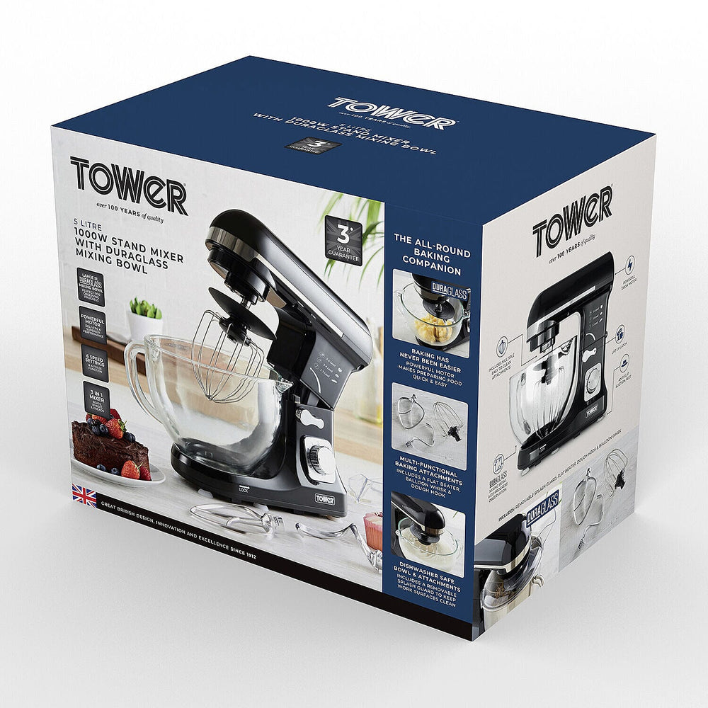 TOWER 3 in 1 Stand Mixer, 5 Litre Glass Bowl with 6 Speeds and Pulse Setting - 1000W