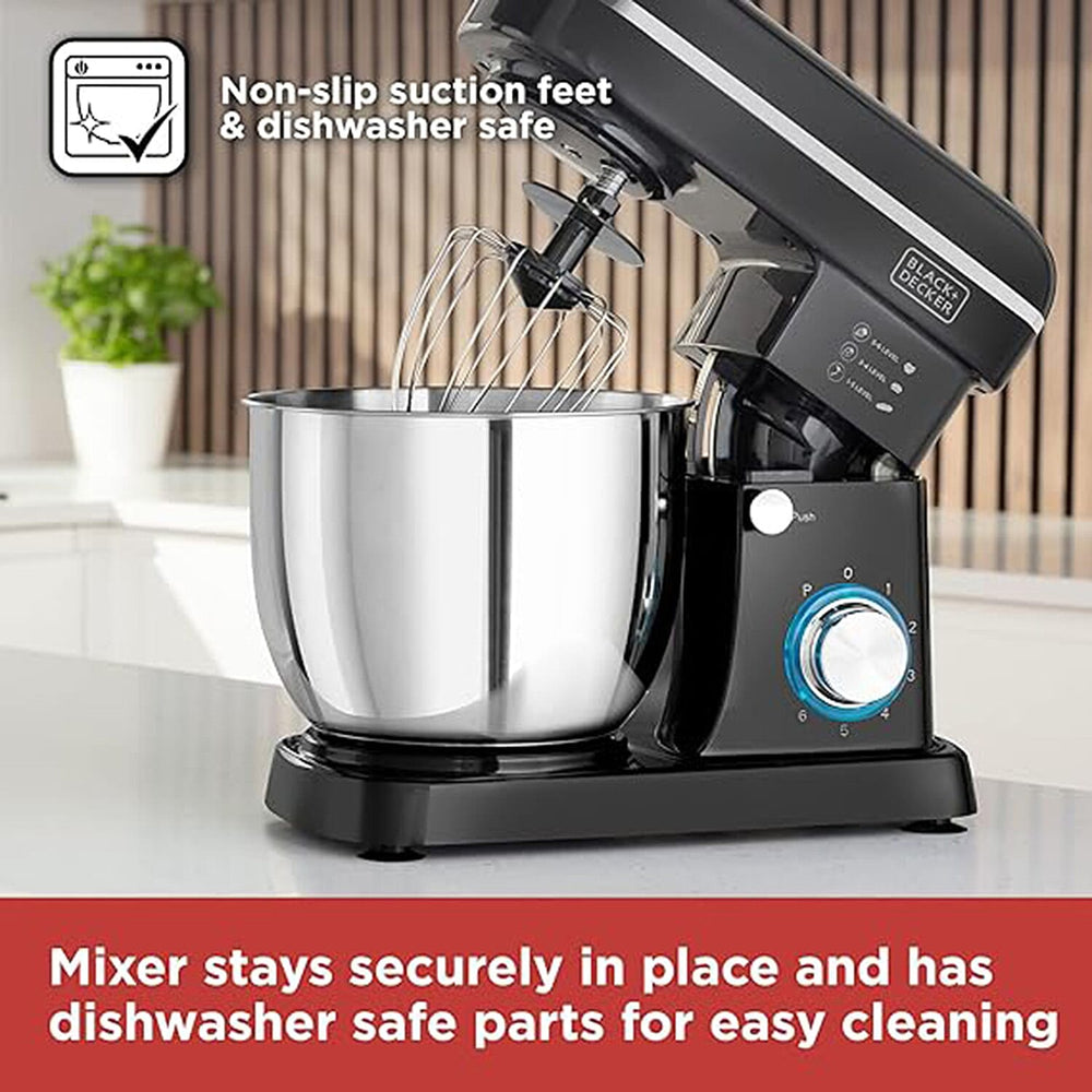 3-in-1 Stand Mixer with Beater, Balloon Whisk & Dough Hook Attachments (Power 1300W) - Black