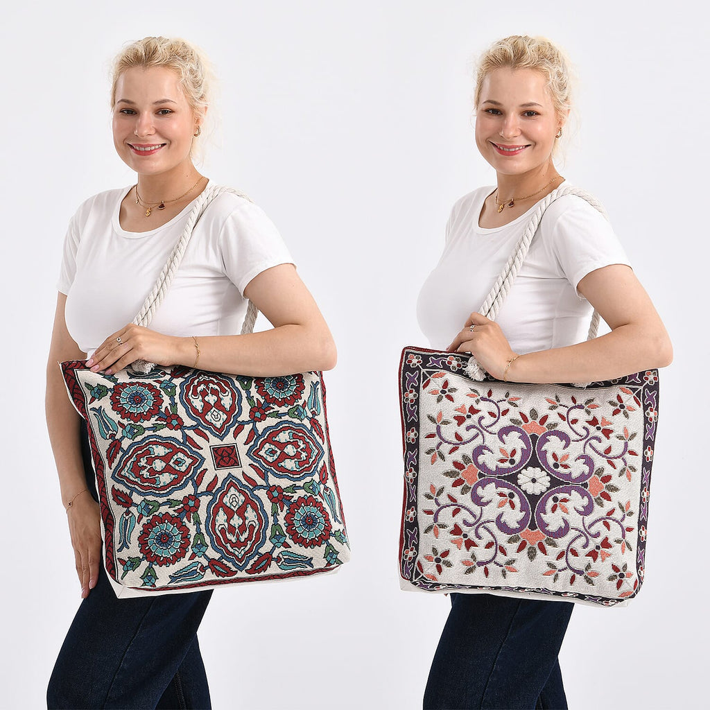 Set of 2 Ethnic Print Jute Tote Bags with Rope Handles - Multicolor