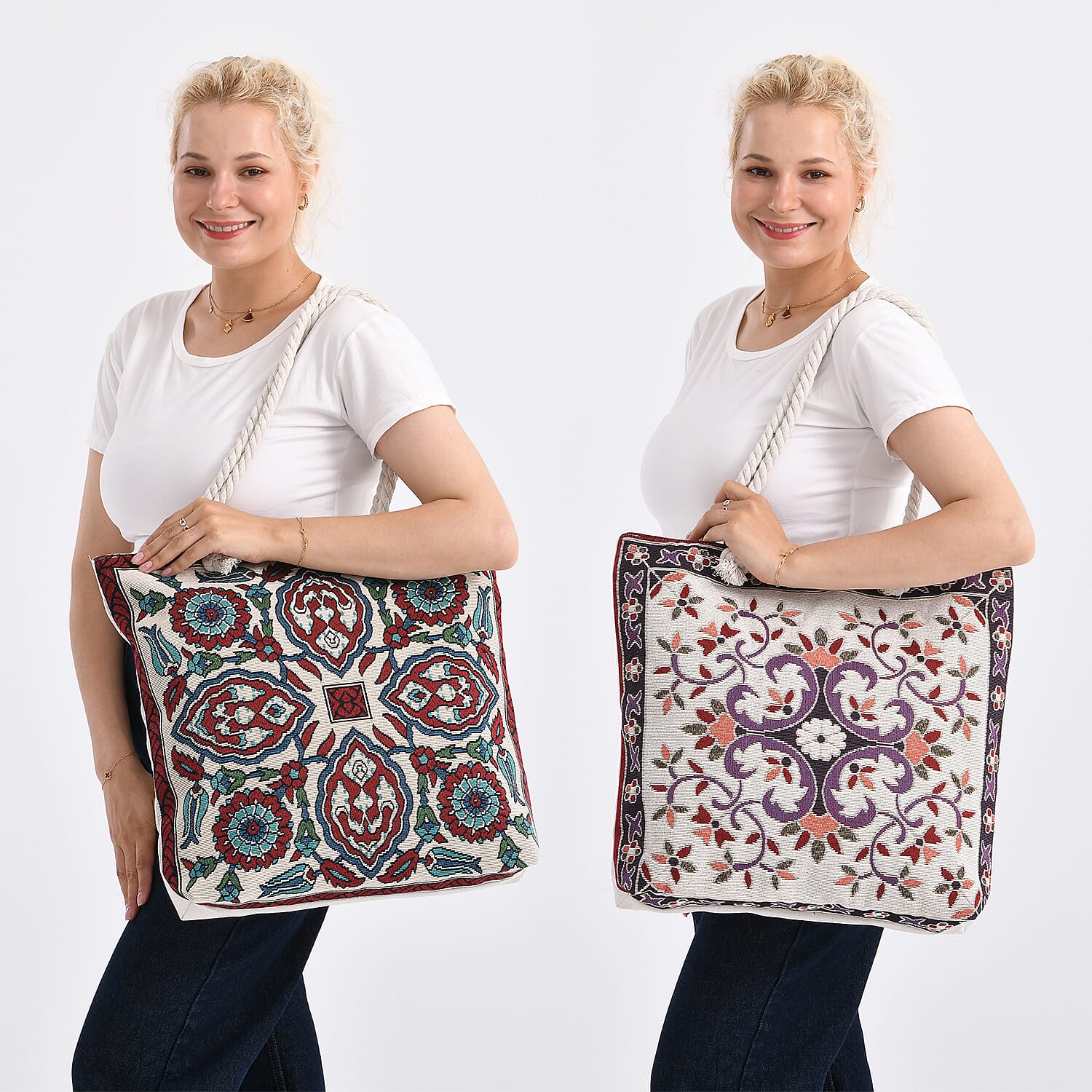 Set of 2 Ethnic Print Jute Tote Bags with Rope Handles - Multicolor