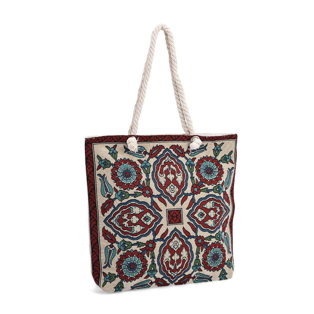 Set of 2 Ethnic Print Jute Tote Bags with Rope Handles - Multicolor