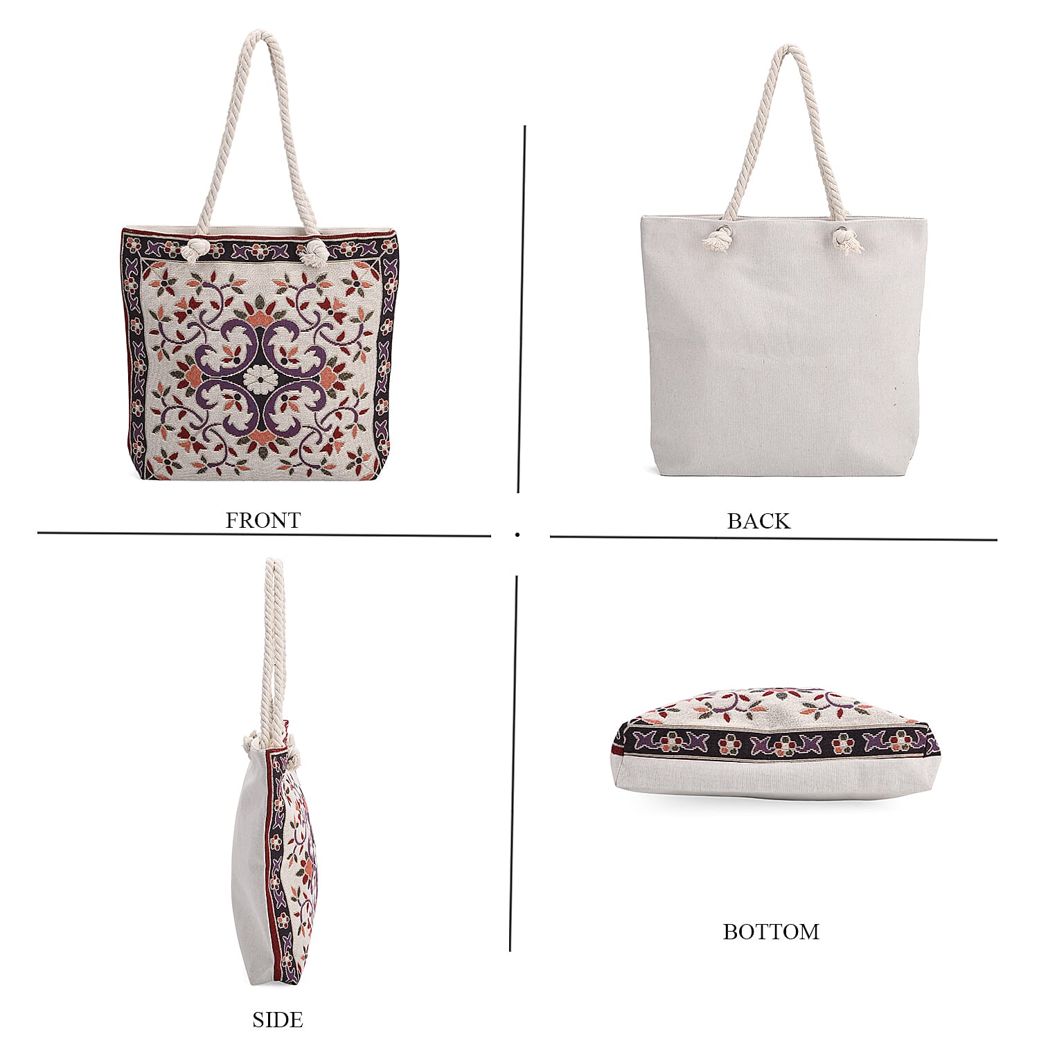 Set of 2 Ethnic Print Jute Tote Bags with Rope Handles - Multicolor