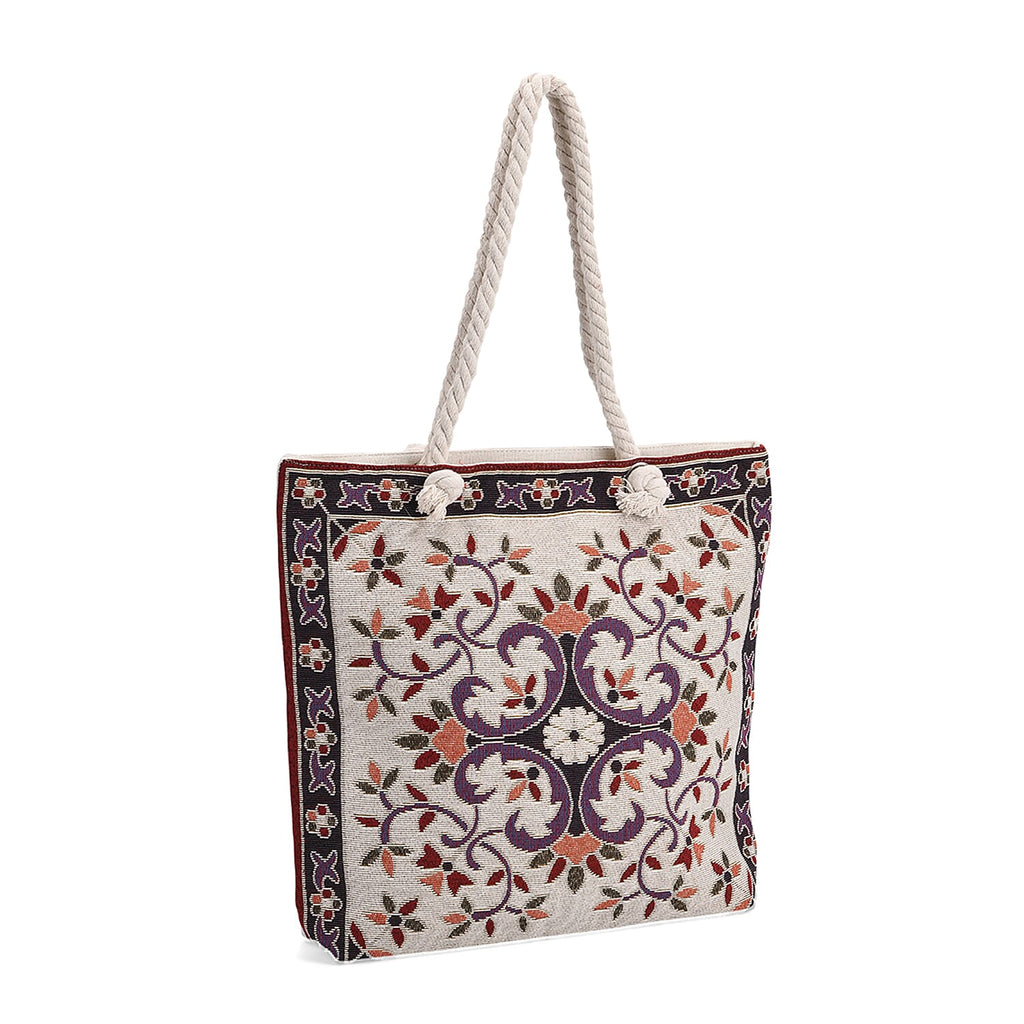 Set of 2 Ethnic Print Jute Tote Bags with Rope Handles - Multicolor
