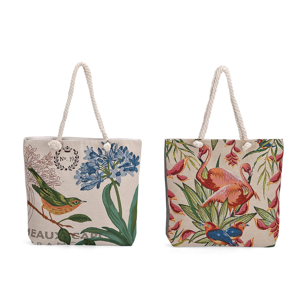 Set of 2 Flamingo - Bird Print Jute Tote Bags with Rope Handles - Beige