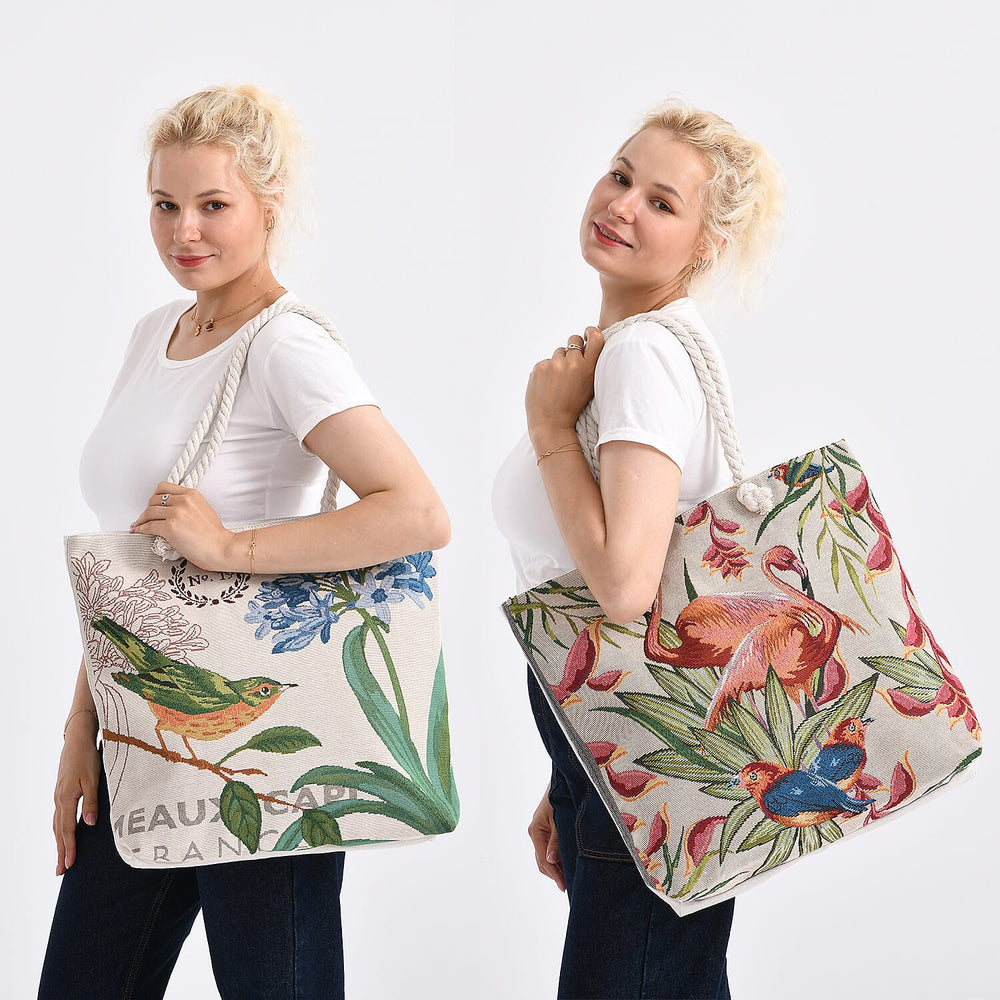 Set of 2 Flamingo - Bird Print Jute Tote Bags with Rope Handles - Beige
