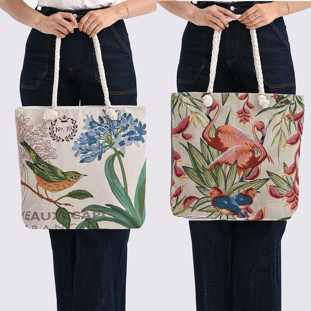 Set of 2 Flamingo - Bird Print Jute Tote Bags with Rope Handles - Beige
