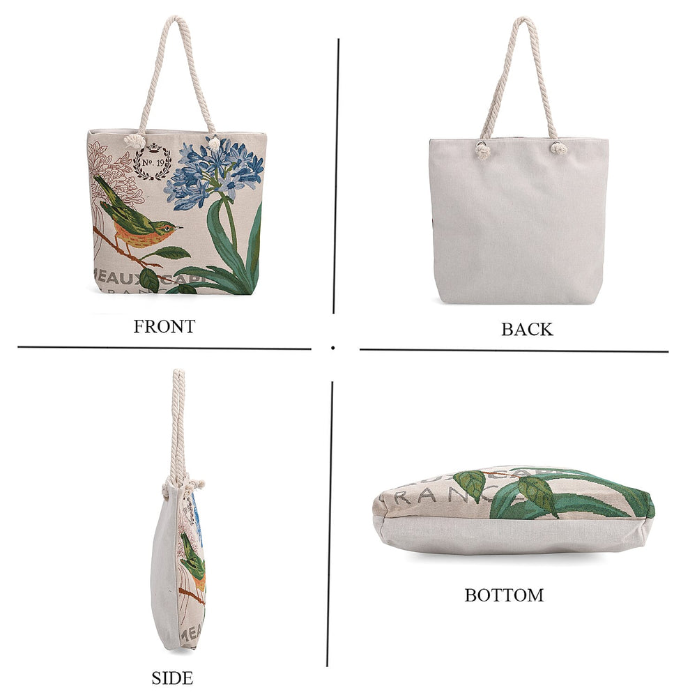 Set of 2 Flamingo - Bird Print Jute Tote Bags with Rope Handles - Beige