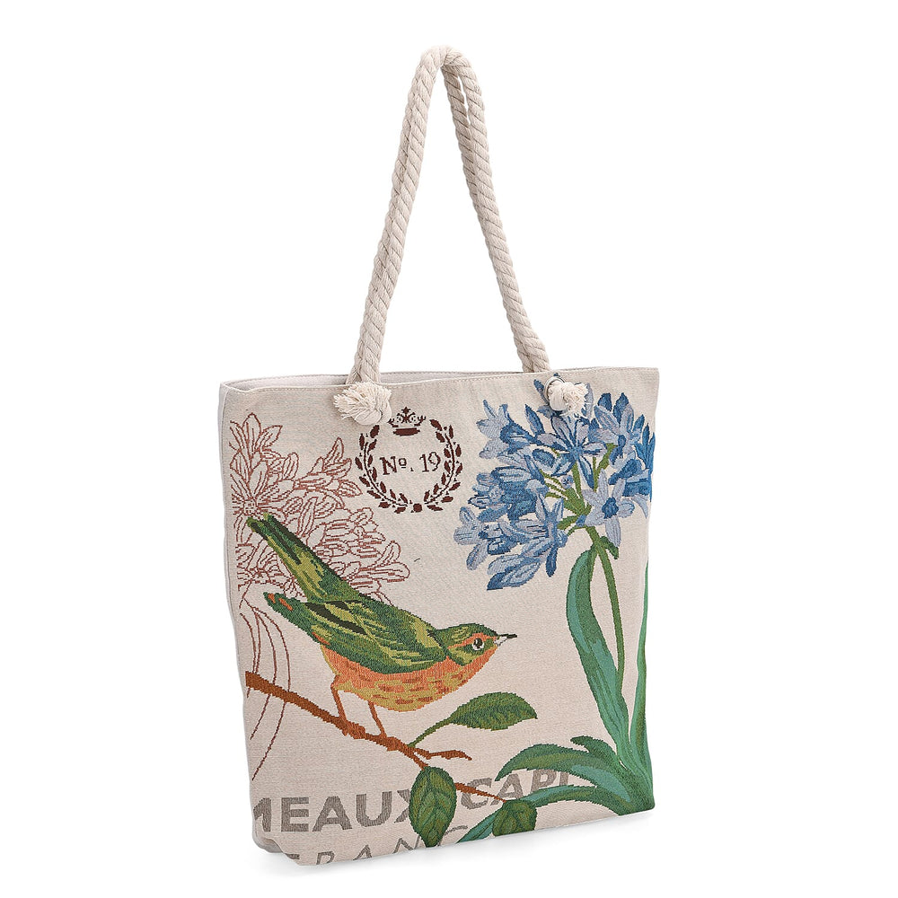 Set of 2 Flamingo - Bird Print Jute Tote Bags with Rope Handles - Beige