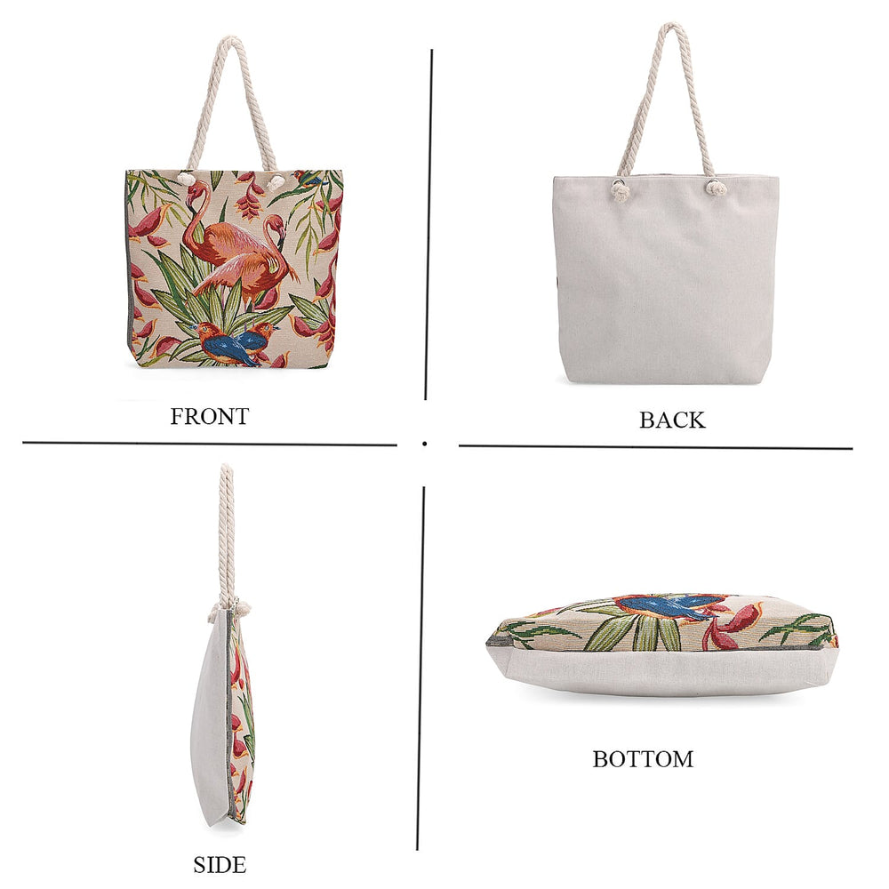 Set of 2 Flamingo - Bird Print Jute Tote Bags with Rope Handles - Beige