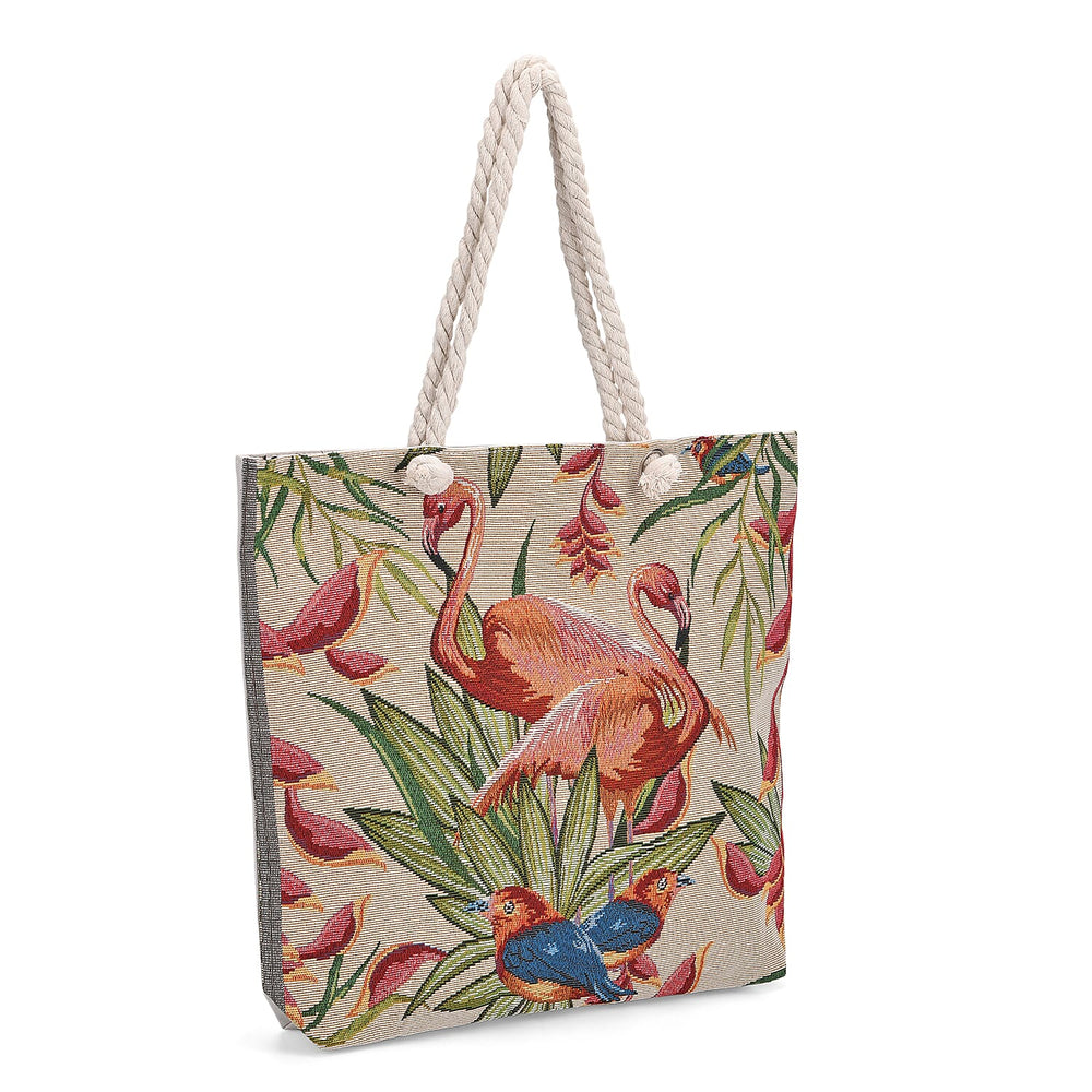 Set of 2 Flamingo - Bird Print Jute Tote Bags with Rope Handles - Beige