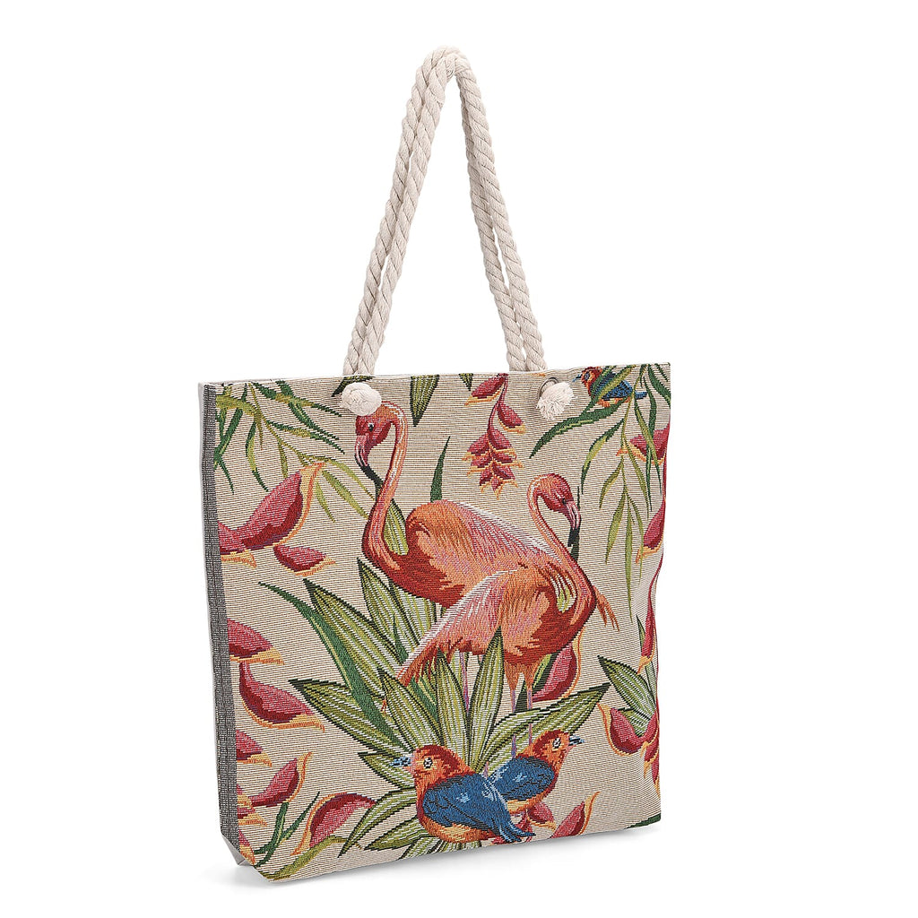 Set of 2 Flamingo - Bird Print Jute Tote Bags with Rope Handles - Beige