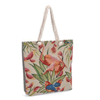 Set of 2 Flamingo - Bird Print Jute Tote Bags with Rope Handles - Beige