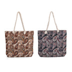 Set of 2 Paisley Print Jute Tote Bags with Rope Handles -  Black - Beige