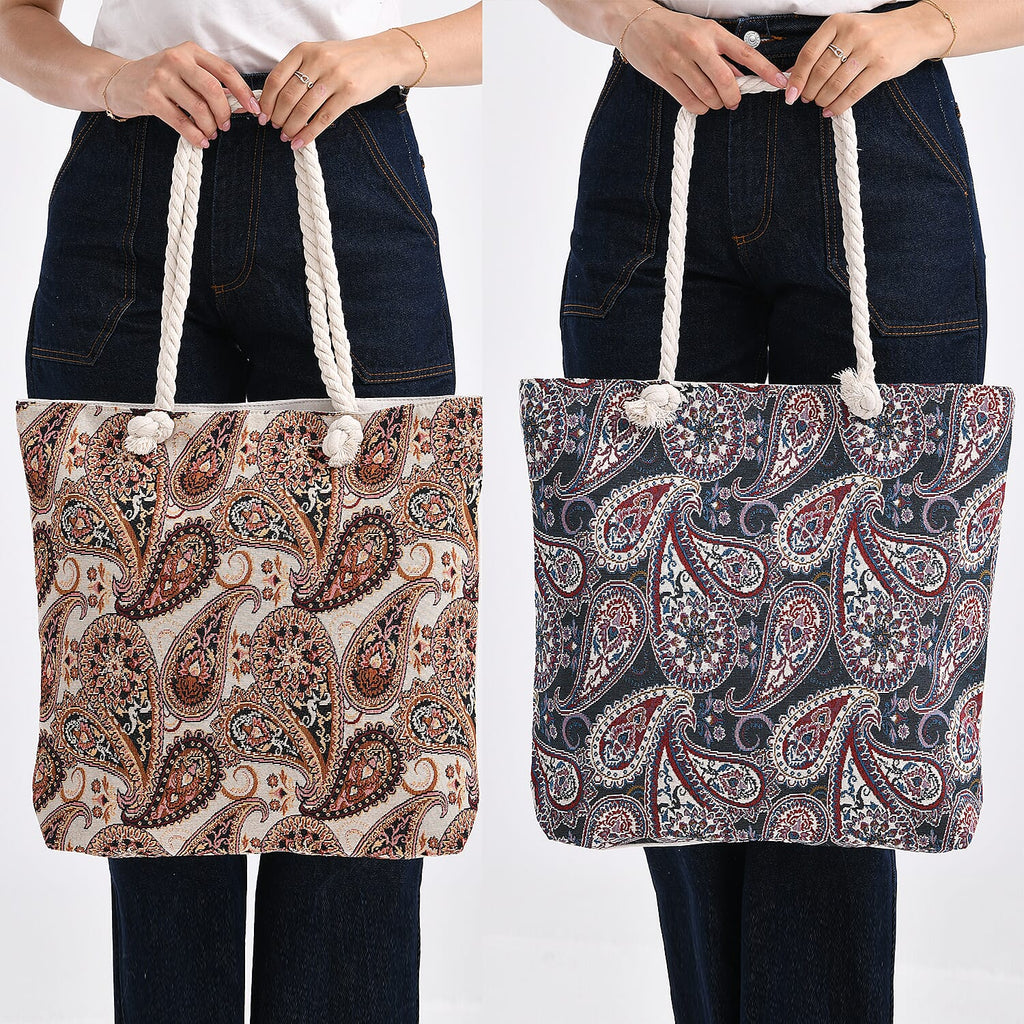Set of 2 Paisley Print Jute Tote Bags with Rope Handles -  Black - Beige