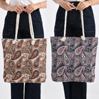 Set of 2 Paisley Print Jute Tote Bags with Rope Handles -  Black - Beige