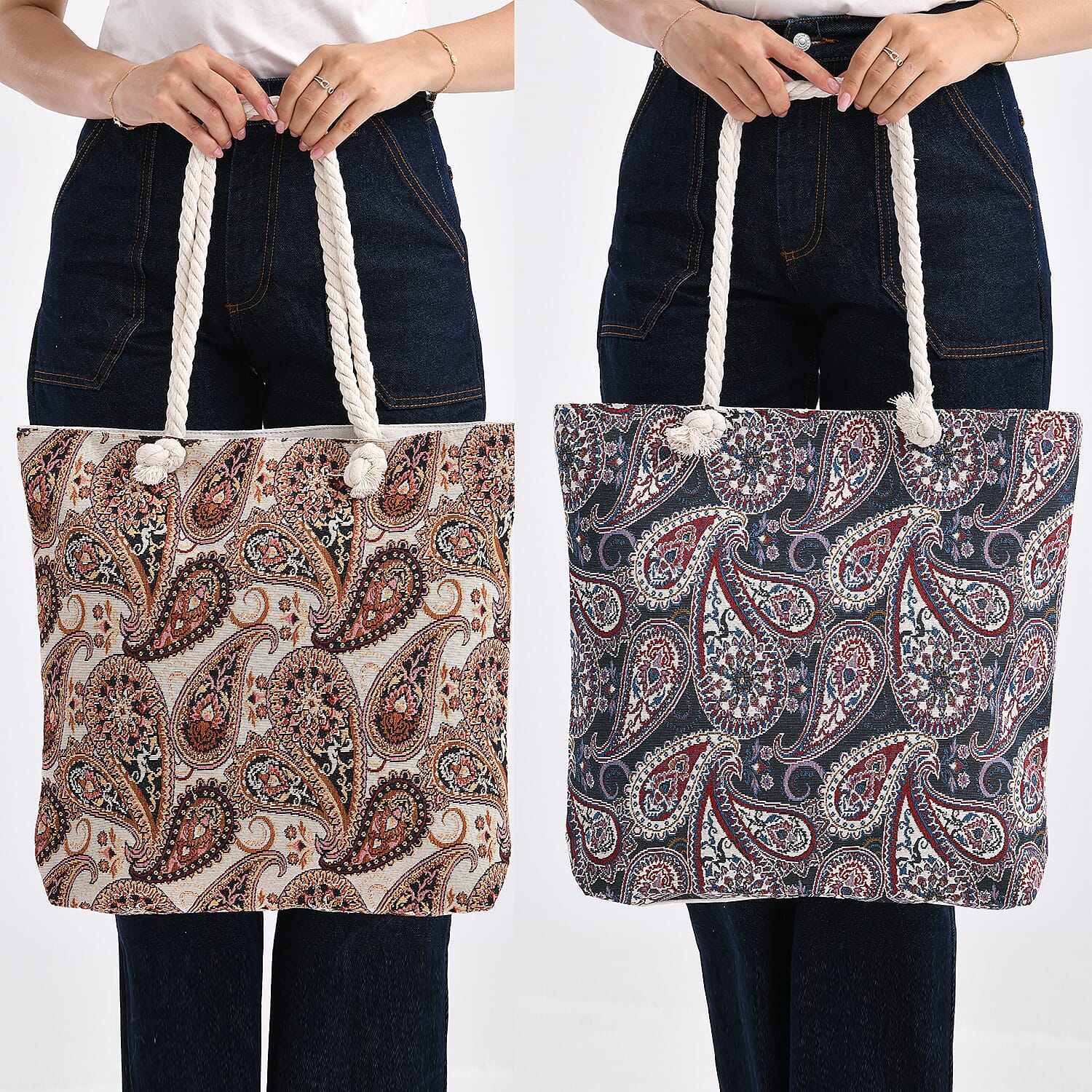 Set of 2 Paisley Print Jute Tote Bags with Rope Handles -  Black - Beige