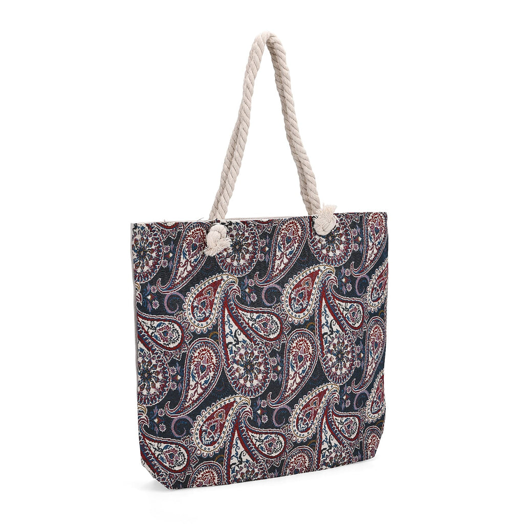 Set of 2 Paisley Print Jute Tote Bags with Rope Handles -  Black - Beige