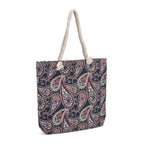 Set of 2 Paisley Print Jute Tote Bags with Rope Handles -  Black - Beige