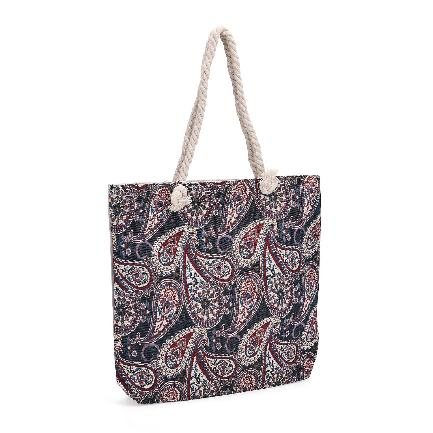 Set of 2 Paisley Print Jute Tote Bags with Rope Handles -  Black - Beige