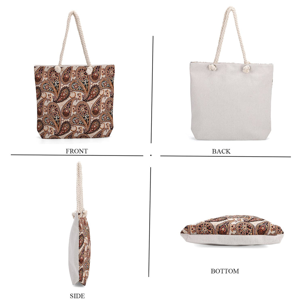Set of 2 Paisley Print Jute Tote Bags with Rope Handles -  Black - Beige