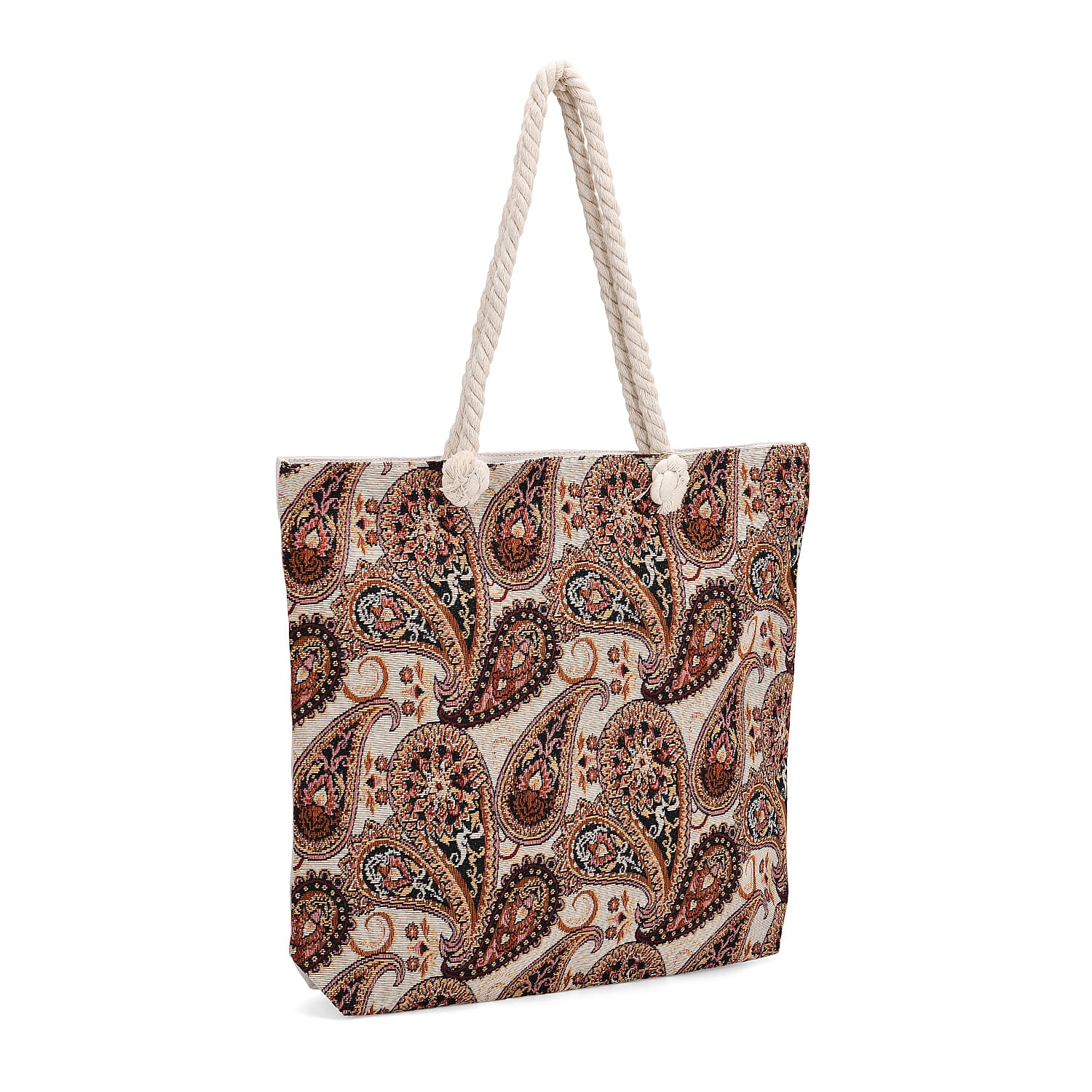 Set of 2 Paisley Print Jute Tote Bags with Rope Handles -  Black - Beige