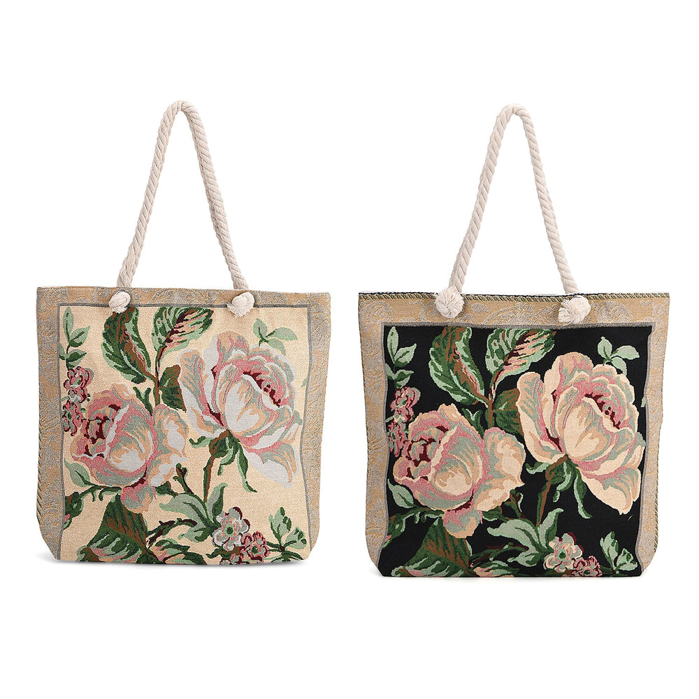 Jute Rose Tote Bag (Size 46x9x41 cm) - Black White & Black White