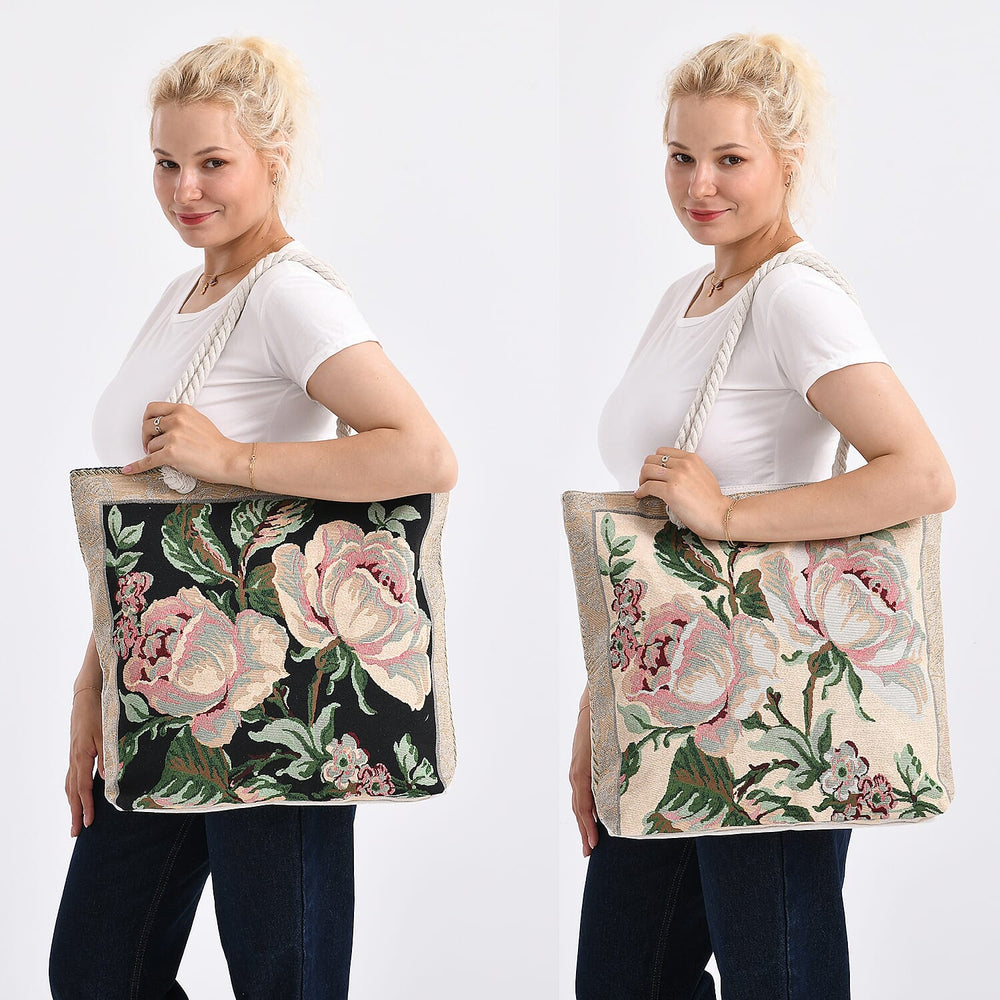 Jute Rose Tote Bag (Size 46x9x41 cm) - Black White & Black White