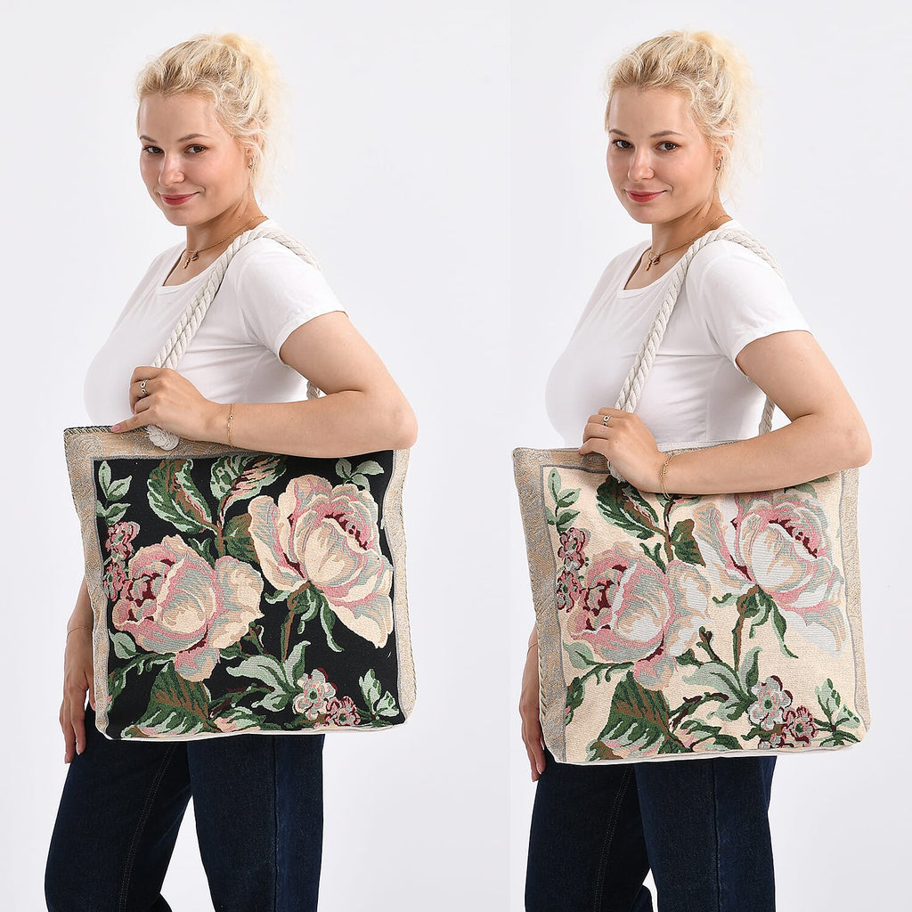 Jute Rose Tote Bag (Size 46x9x41 cm) - Black White & Black White