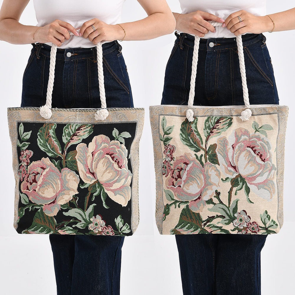 Jute Rose Tote Bag (Size 46x9x41 cm) - Black White & Black White