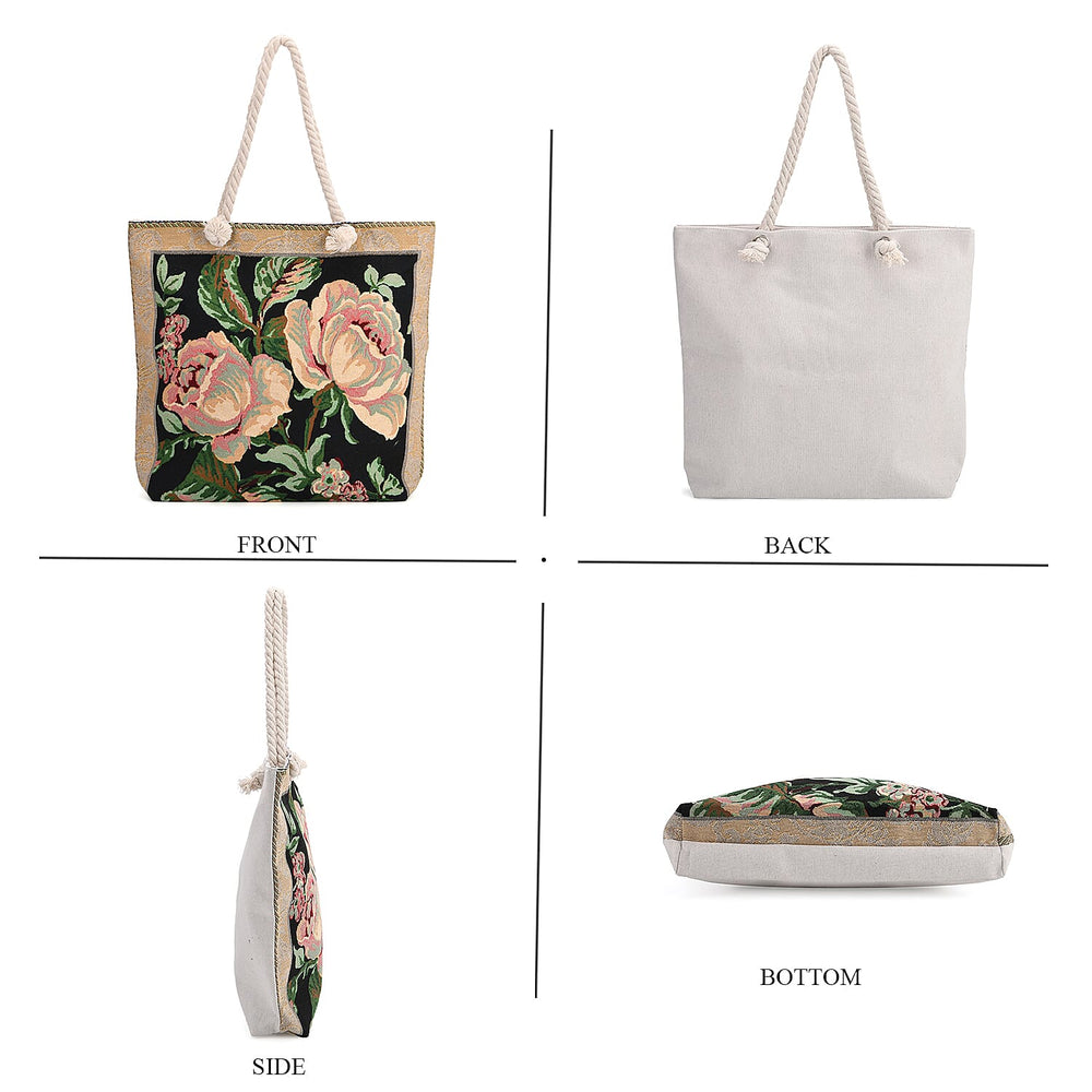 Jute Rose Tote Bag (Size 46x9x41 cm) - Black White & Black White