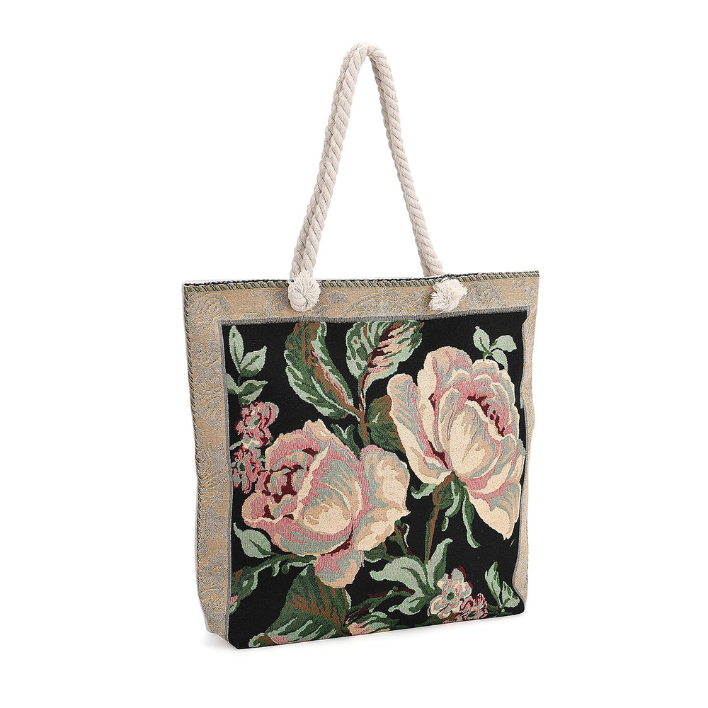 Jute Rose Tote Bag (Size 46x9x41 cm) - Black White & Black White