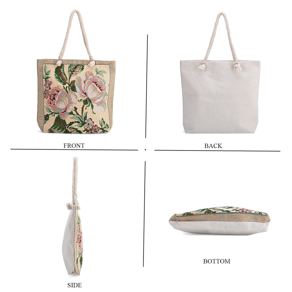 Jute Rose Tote Bag (Size 46x9x41 cm) - Black White & Black White