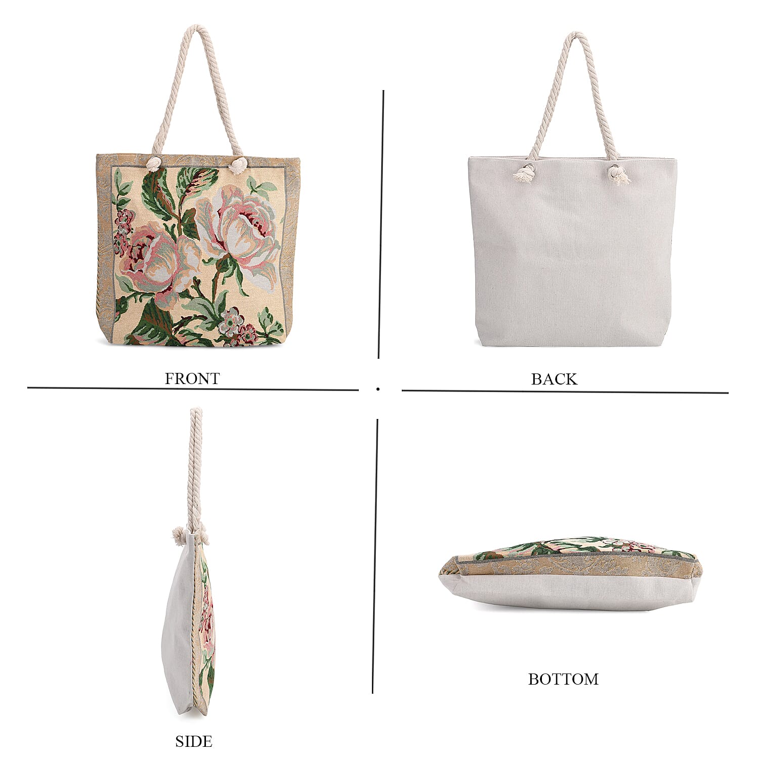 Jute Rose Tote Bag (Size 46x9x41 cm) - Black White & Black White