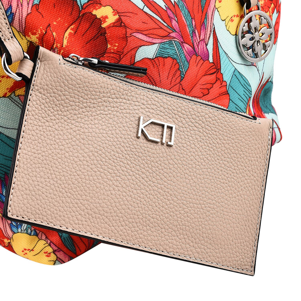KTD by Kenzo Takada Leather and Cotton Canvas Floral Printed Tote Bag with Wristlet - Red and Blue