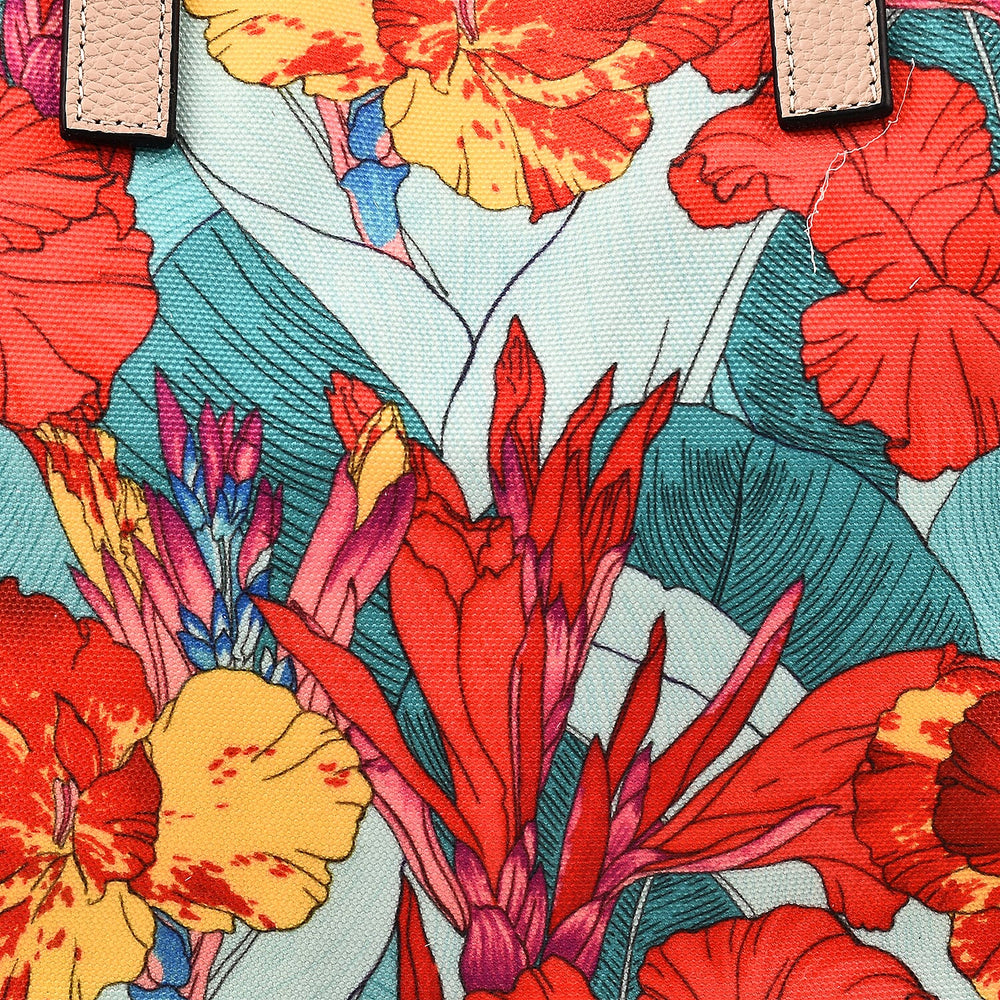 KTD by Kenzo Takada Leather and Cotton Canvas Floral Printed Tote Bag with Wristlet - Red and Blue