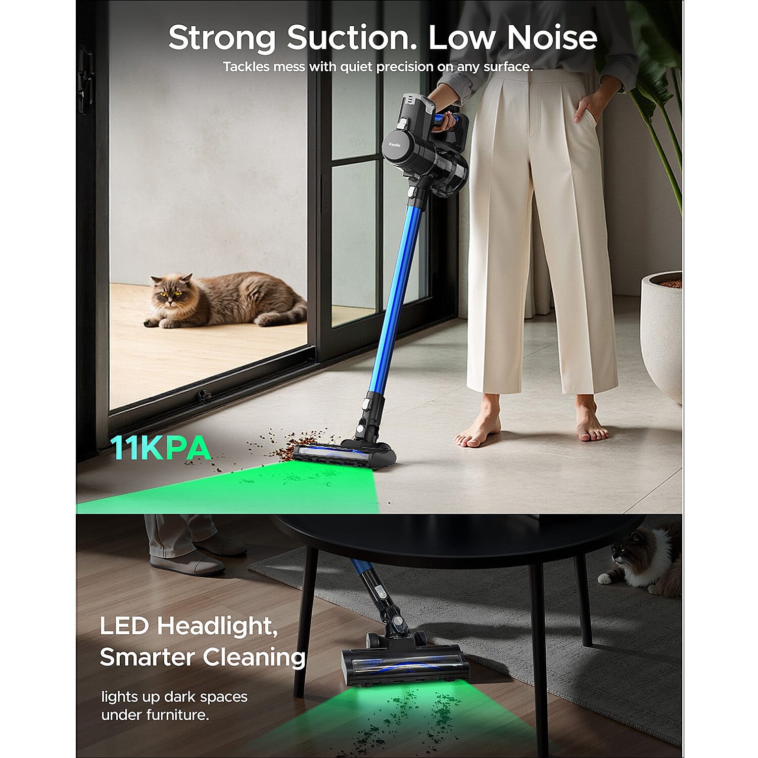 Keplin 150W Cordless Vacuum Cleaner - Aluminium Lightweight, 2 Speed, 40 Min Runtime, Hepa Filter, Motorised Floor Tool, 0.8L Capacity