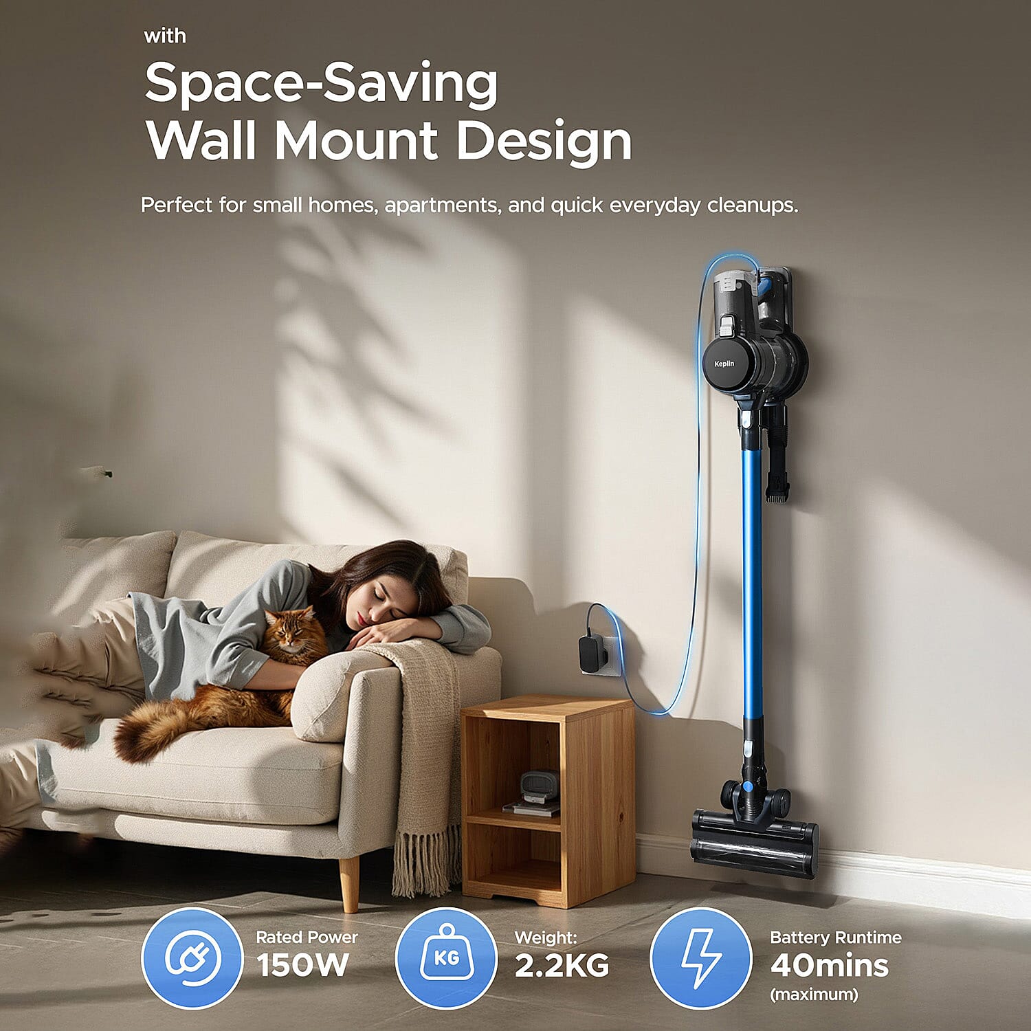 Keplin 150W Cordless Vacuum Cleaner - Aluminium Lightweight, 2 Speed, 40 Min Runtime, Hepa Filter, Motorised Floor Tool, 0.8L Capacity