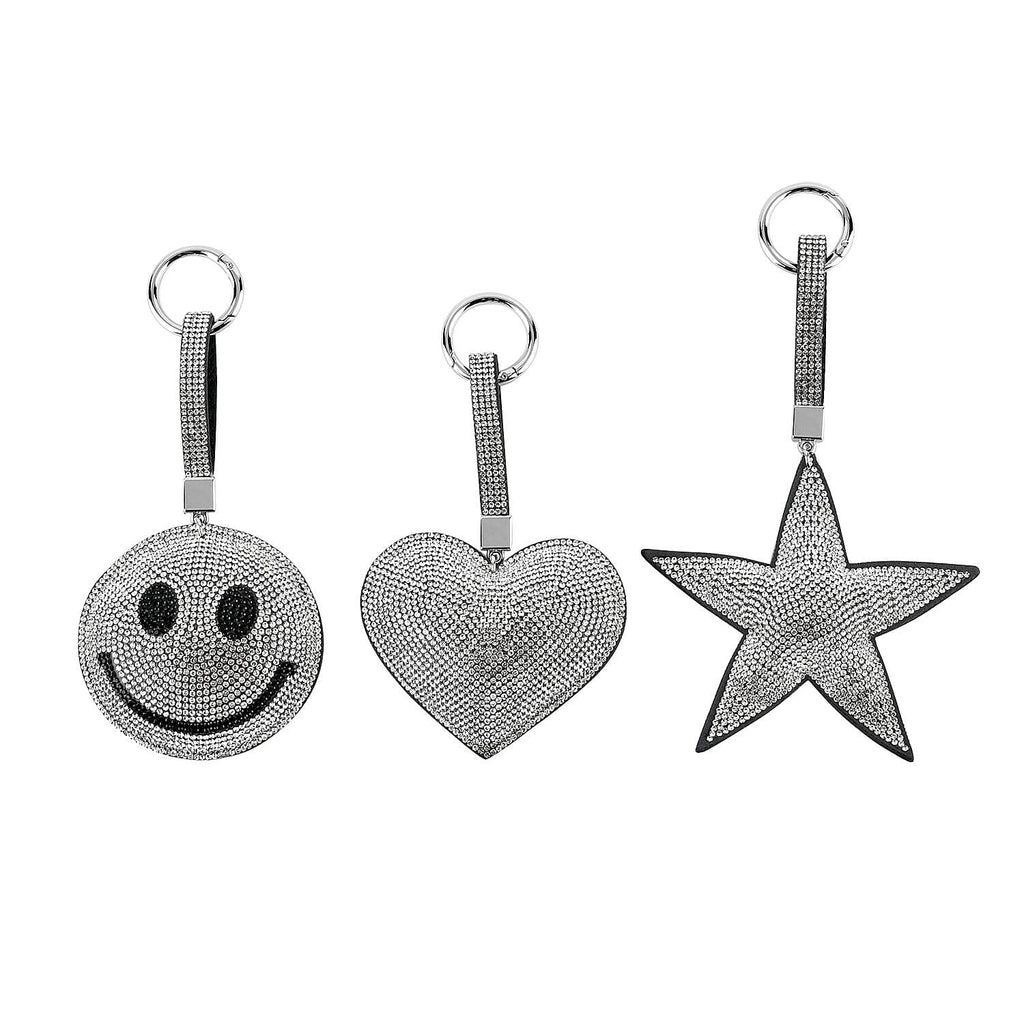 Set of 3 Crystal Keychain (Pattern - Star, Smile Face - Heart Shapes) - Silver