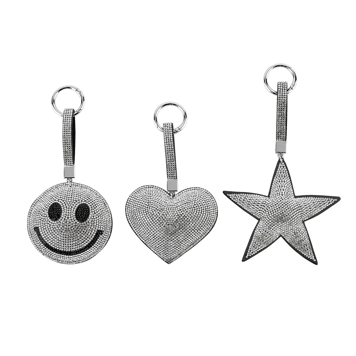 Set of 3 Crystal Keychain (Pattern - Star, Smile Face - Heart Shapes) - Silver