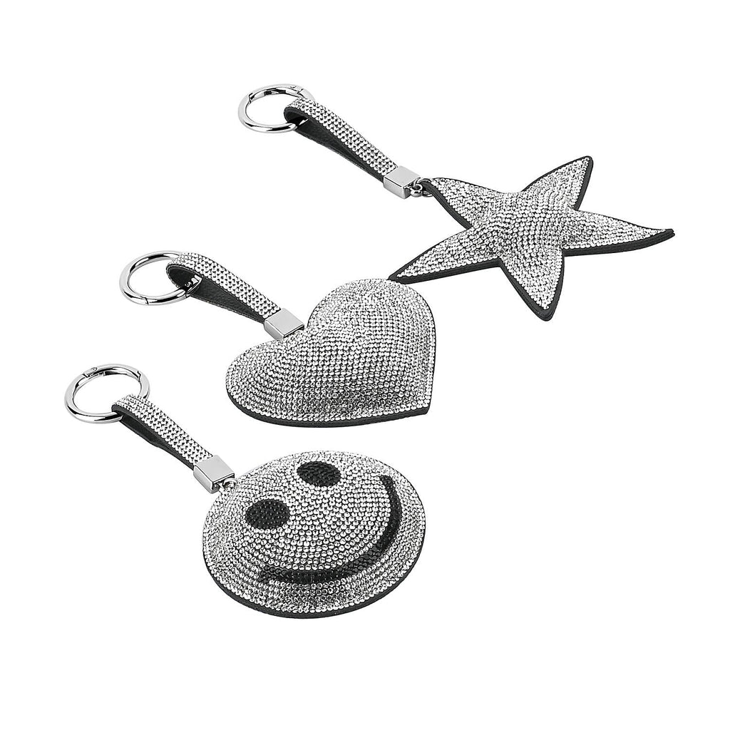 Set of 3 Crystal Keychain (Pattern - Star, Smile Face - Heart Shapes) - Silver