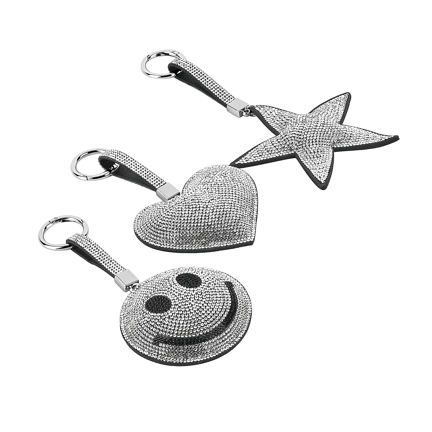 Set of 3 Crystal Keychain (Pattern - Star, Smile Face - Heart Shapes) - Silver